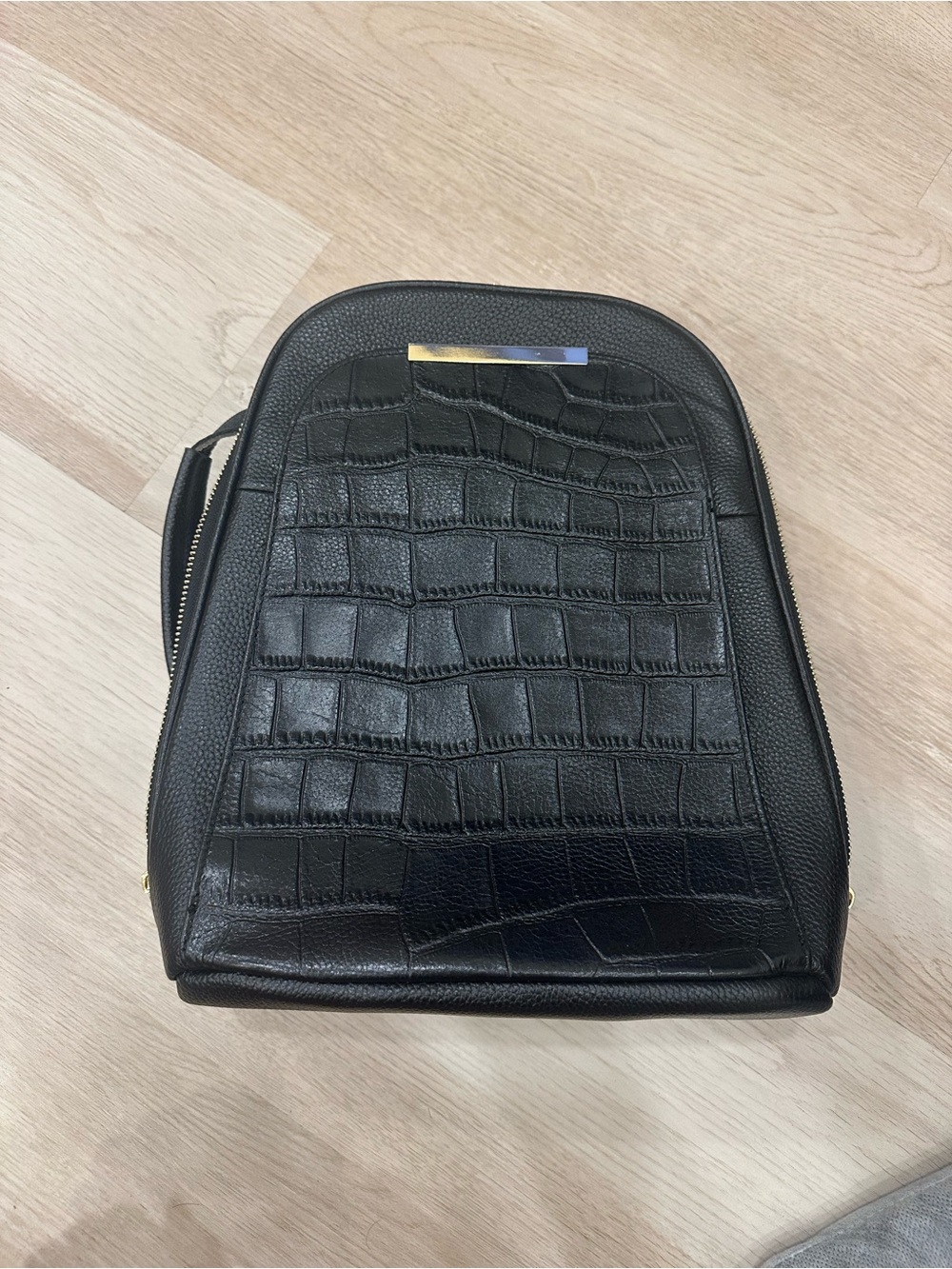 Black Croc-Embossed Women's Backpack with Gold Accent w genuine leather exterior